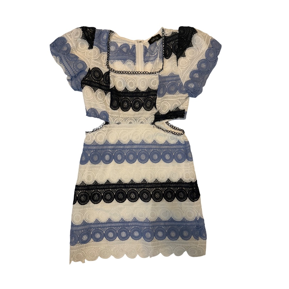 Fab'rik Blue White Black Lace Cut Out Mini Dress Size L Square Neck Flutter